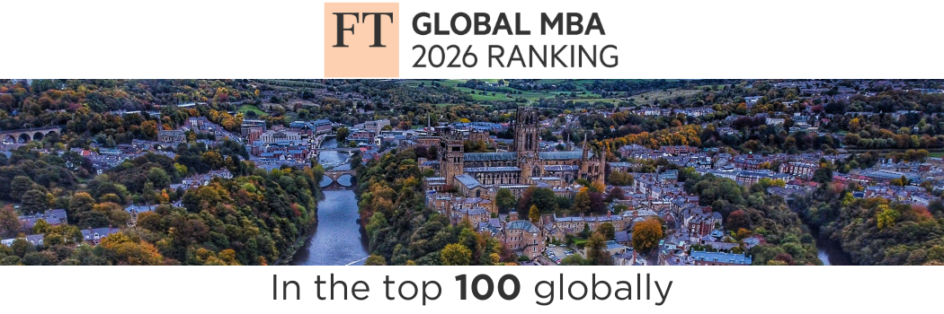 Satellite picture of Durham city and the Cathedral with the FT Global MBA ranking 2026 logo above it