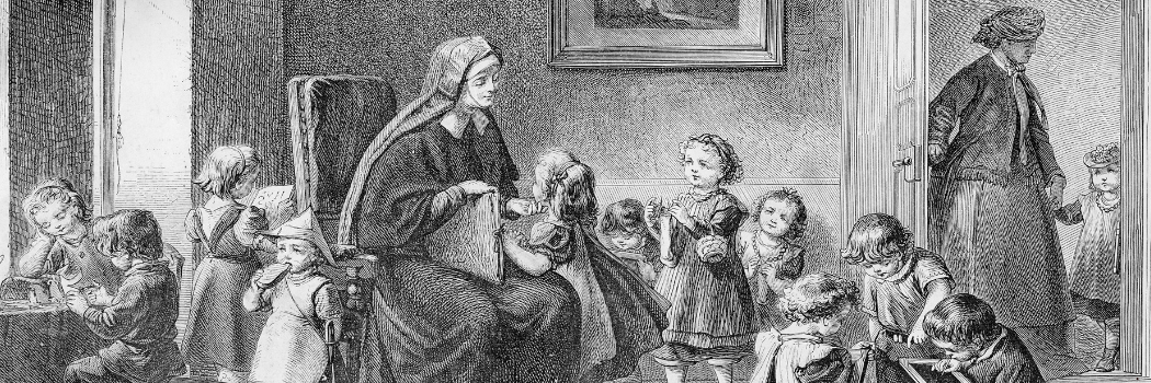 19 century engraving, Nursery scene: young nun entertains toddlers at playschool
