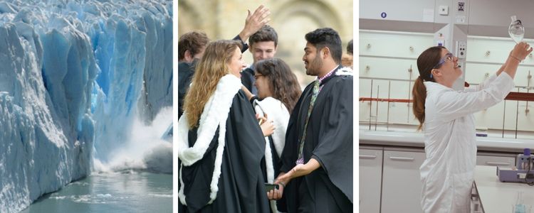 A triptych of and iceberg melting, a group of happy students graduating, and an academic undertaking scientific research