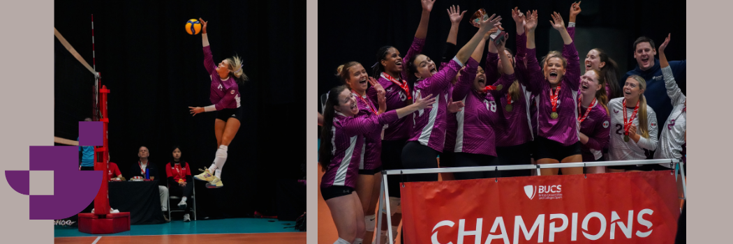 A composite image showing a female volleyball player leaping into the air on the left, and a whole team celebration on the right.