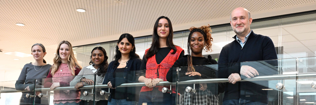 Alumnus Ed Twiddy with 4 AMI Women in Tech scholars, their mentor and alumna Emma Betley