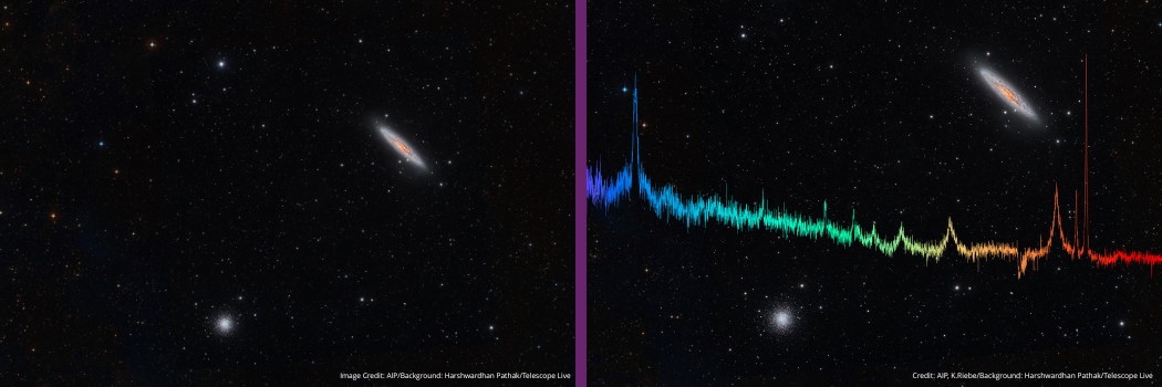 Images showing 4MOST first light observations, showing typical sky area covered by one 4MOST pointing (image to the left), together with one example spectrum, out of the 2,400 simultaneously measured spectra acquired by 4MOST (image to the right).