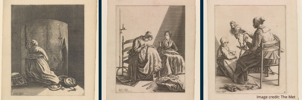 Seventeenth century illustrations of women undertaking what were considered feminine occupations such as cooking, sewing and weaving