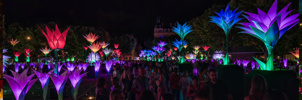 Visitors looking at tall illuminated flowers as part of light festival, Lumiere