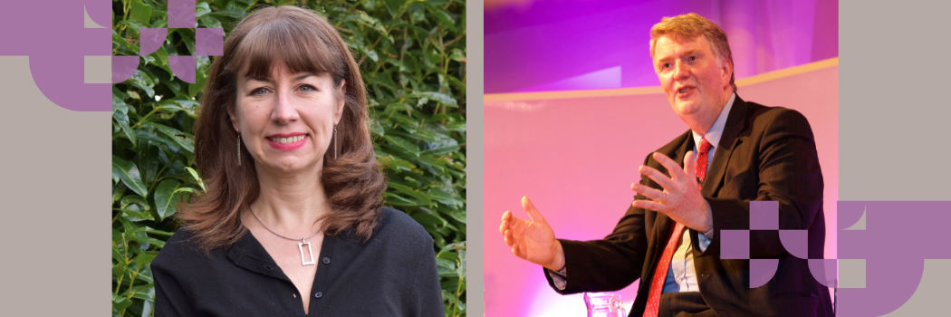Anna Rowlands smiling at the camera wearing a dark top and David Wilkinson wearing a dark suit talking on a stage