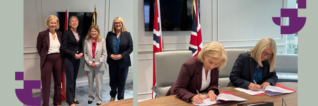 A composite image showing two women signing a document on the right, and a group of four women on the left.