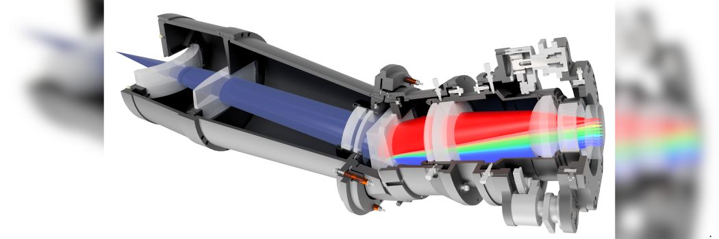 The concept for one of the BlueMUSE spectrographs. The image from the telescope is split into 16 separate slices and enters the spectrograph at the top left.