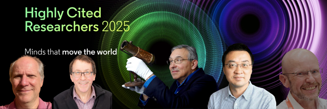 Headshots of six male academics with the central man holding a telescope on a coloured background