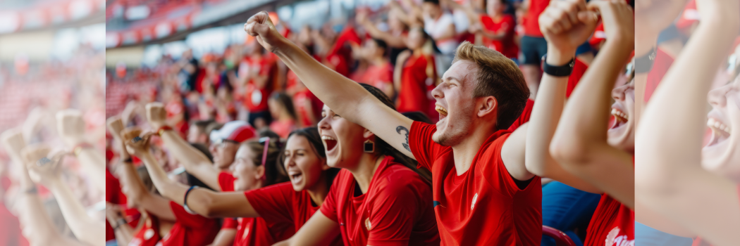 A sports crowd wearing red T-shirts cheering with arms in the air.