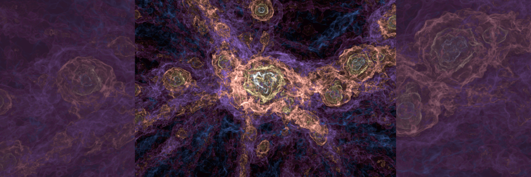 A visualisation of the most massive cluster in the simulation of a cube. Blue, purple, yellow and white colours swirl against a dark blue back drop.