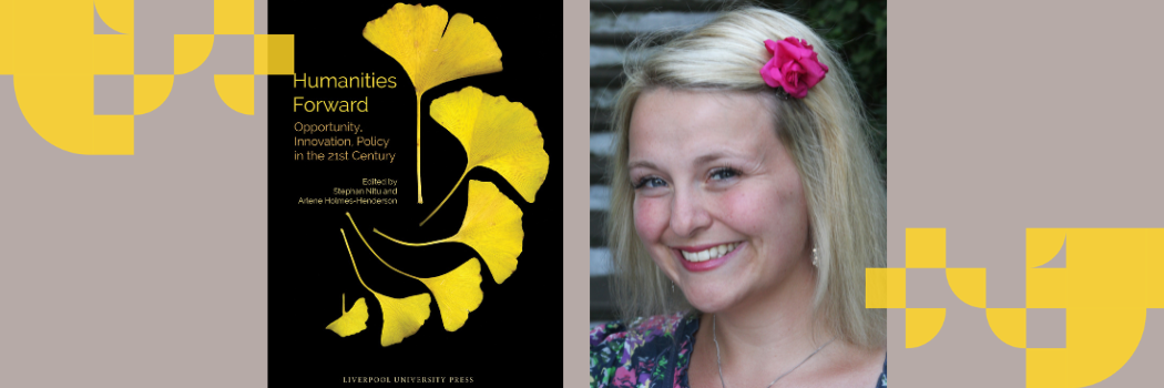 A book cover with bright yellow gingko leaves on the front next to a smiling blonde-haired woman with a pink flower in her hair.