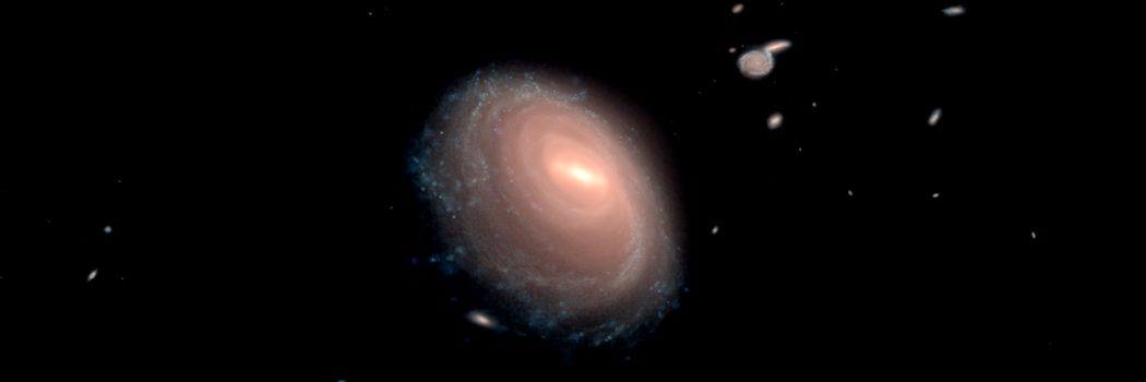 A simulated image of a spiral galaxy with a bright centre and spiral arms, set against a black backdrop.