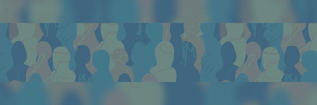 A graphic showing a number of figures in light and dark blue silhouette.