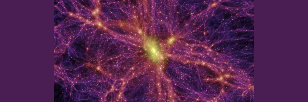 A bright yellow core with smaller lights shooting out from it on a purple background.