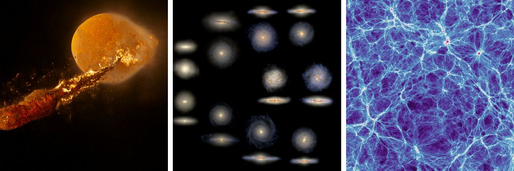 A montage showing simulations of a planet collision, a collection of different galaxies and a simulation of the Universe.