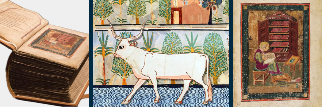 Pages from the world's oldest bible showing a scribe writing and an ancient Egyptian illustration of an ox.