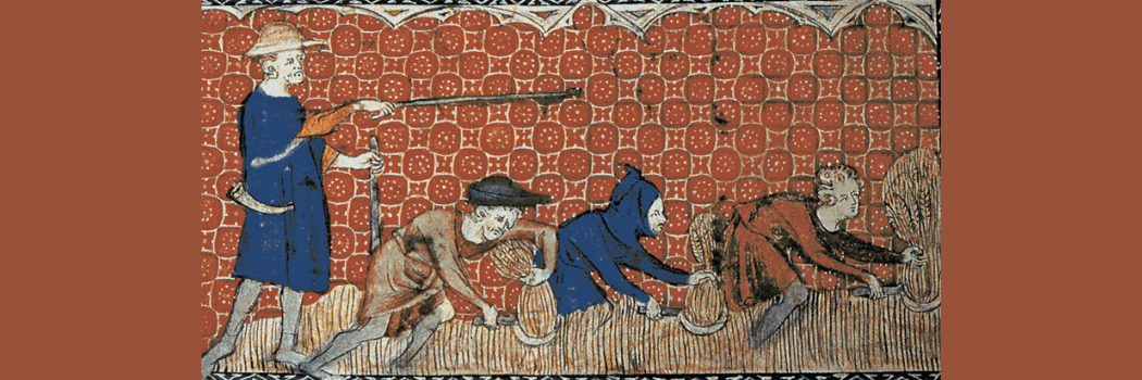 A medieval artwork depicting peasants working in a field overseen by a master pointing a stick