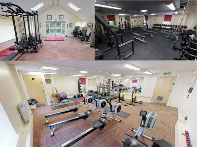 A collage of gym pictures featuring equipment available to Grey College students