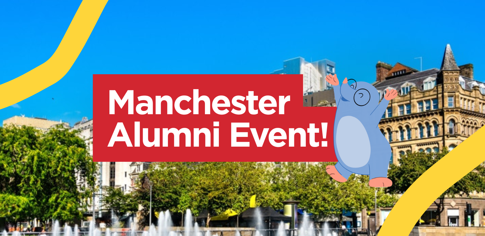 manchester background with manchester alumni event written on it