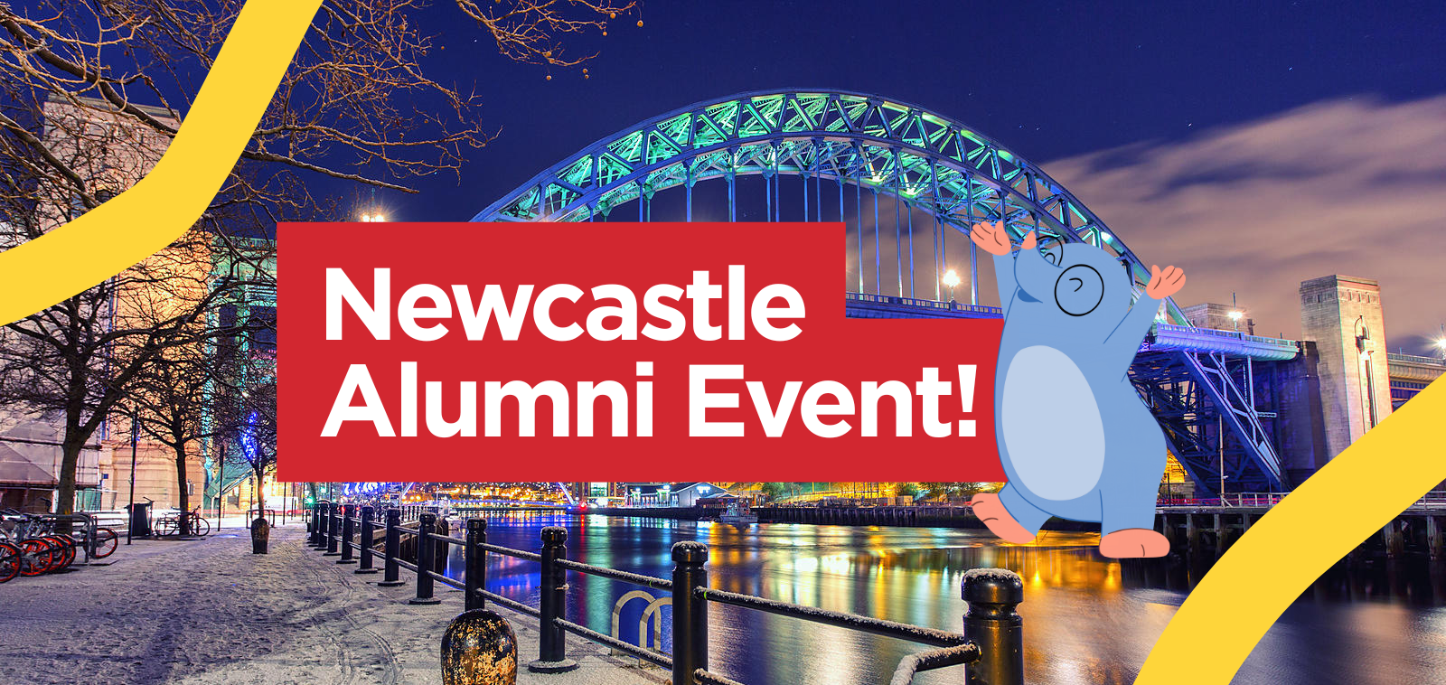 newcastle backdrop with 'newcastle alumni event written on it'
