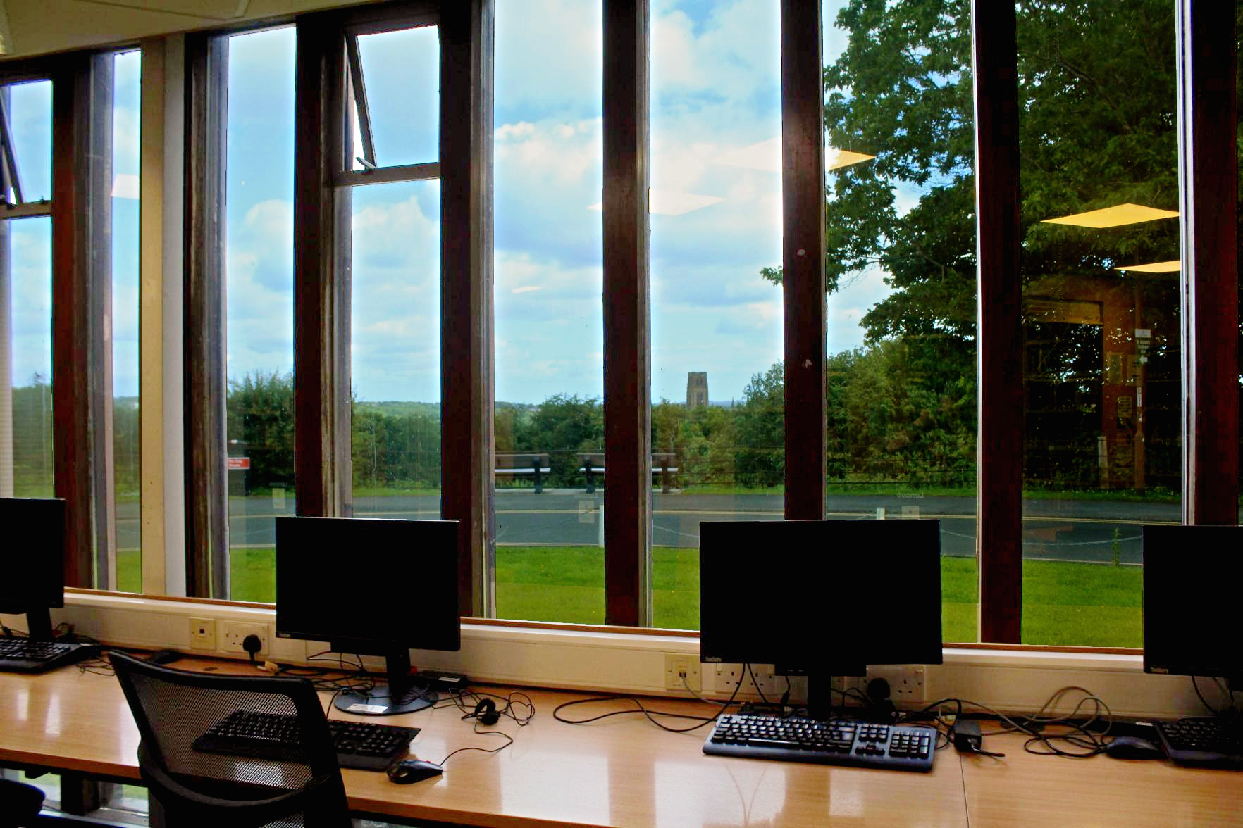 View from library window in St Aidan's College showing panoramic view of Durham Cathedral