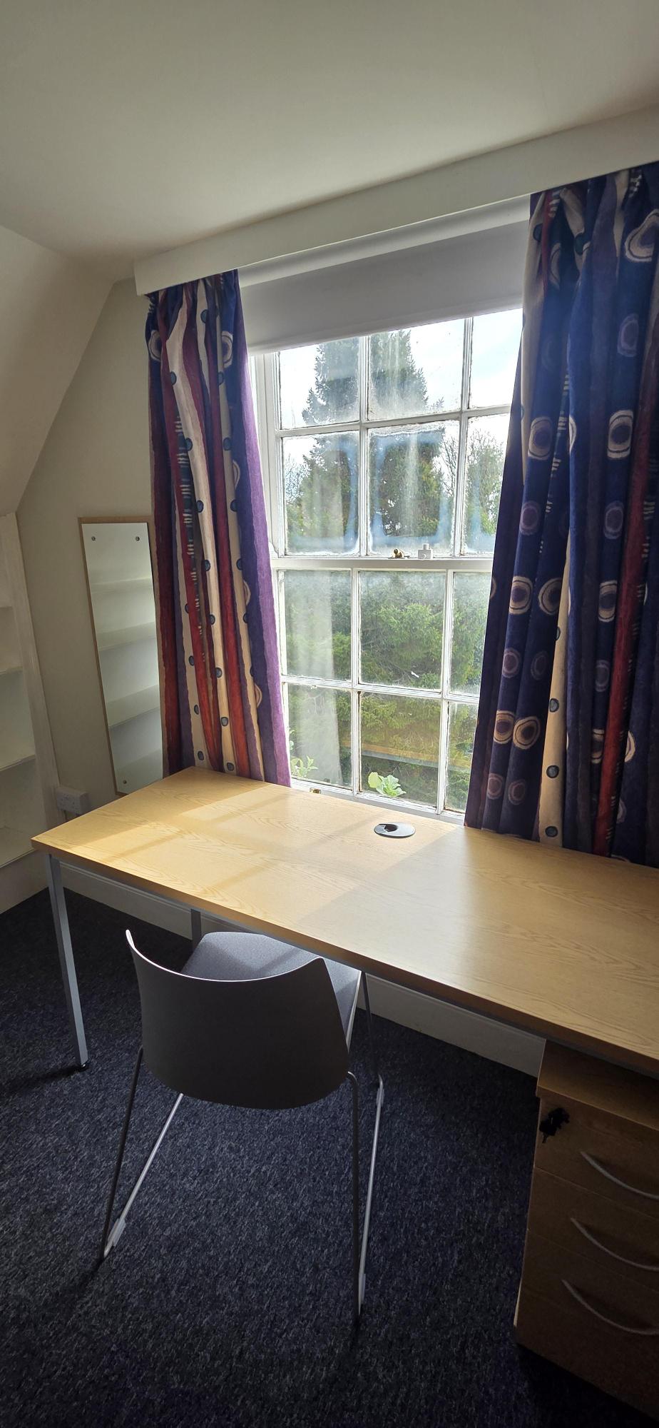 a desk beneath a window