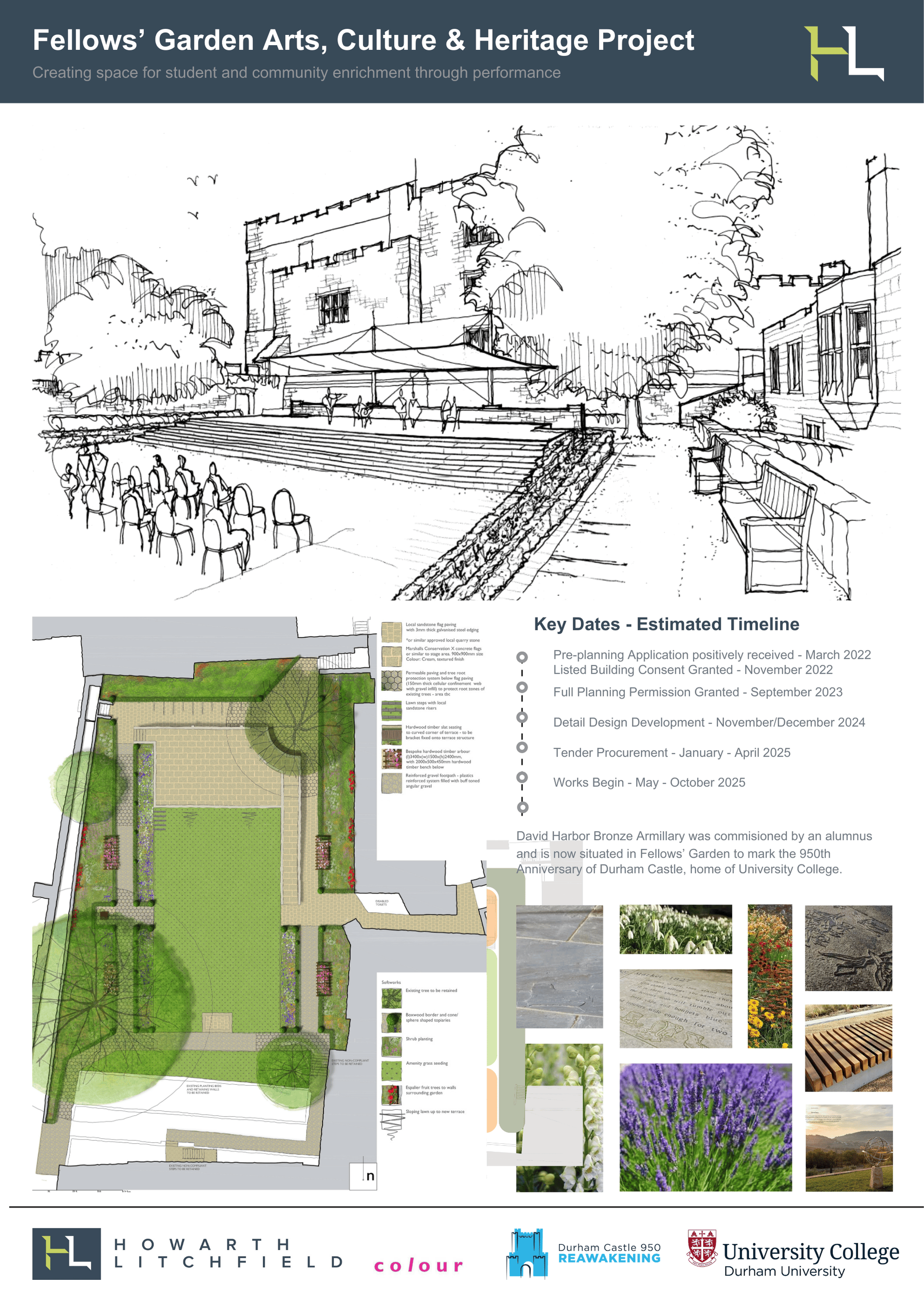 Fellows' Garden plans, with outlines for the performance space, terrace, planting and timeline