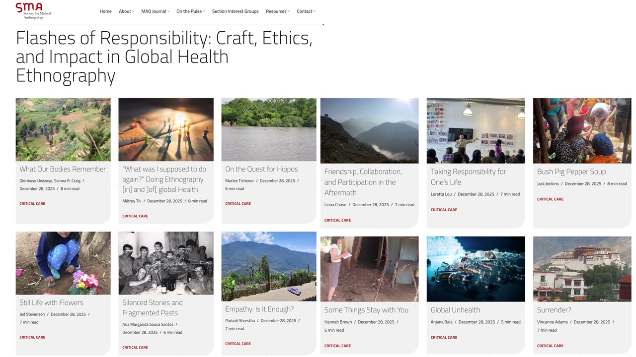 Screenshot of a page on the Society for Medical Anthropology website, showing 12 thumbnail links for a variety of online articles. The webpage is titled 'Flashes of Responsibility: Craft, Ethics, and Impact in Global Health Ethnography'.