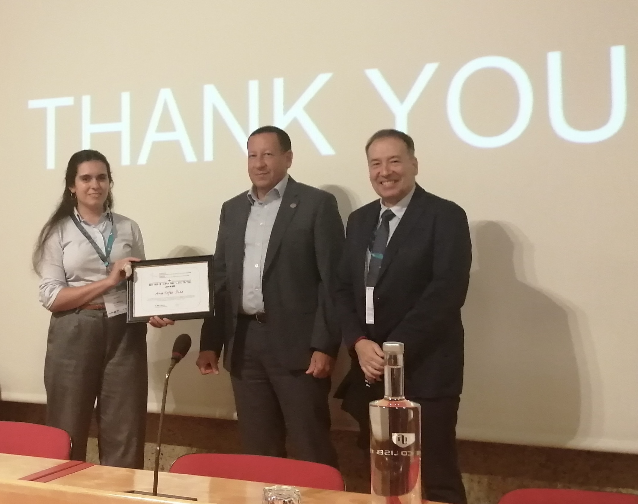 Dr Dias receiving her Bright Spark Lecture Award from Professor Enrique Romero, Chair of TC106, and Professor Lyesse Laloui, ISSMGE Vice President for Europe.