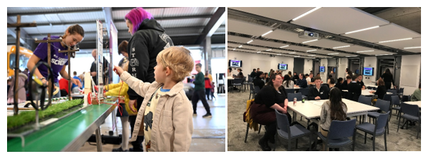 Boy at science festival and people at a table