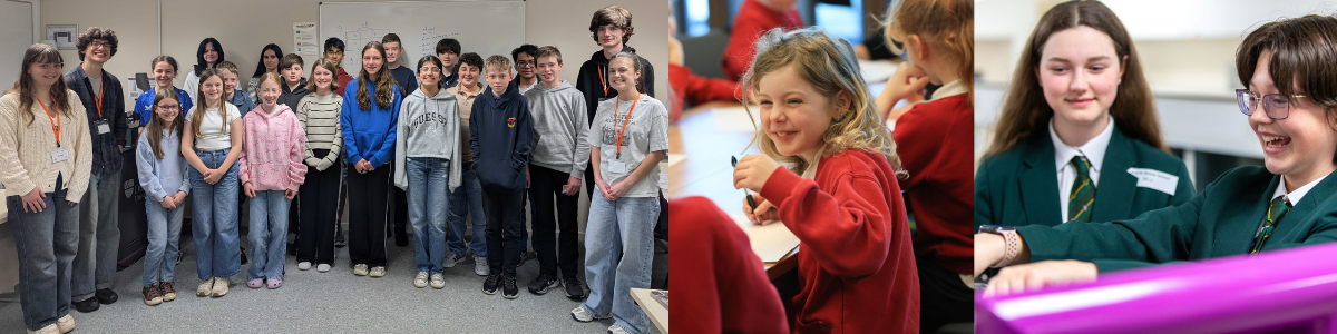 A collage of different student groups from primary to secondary school