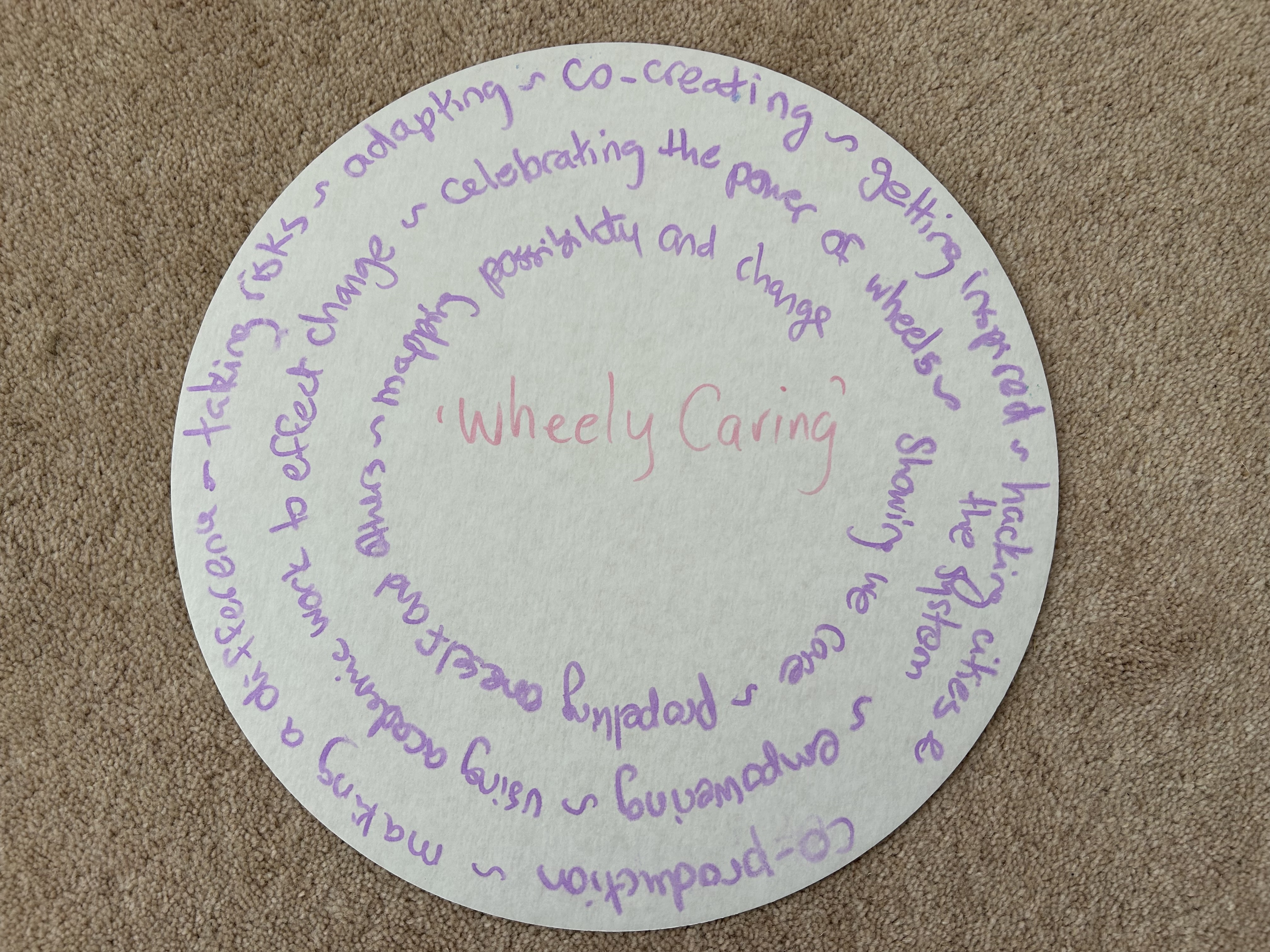 An image of a disc with writing on about how wheely caring