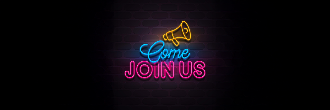 A neon sign on a dark background with the words 'Come Join Us'.