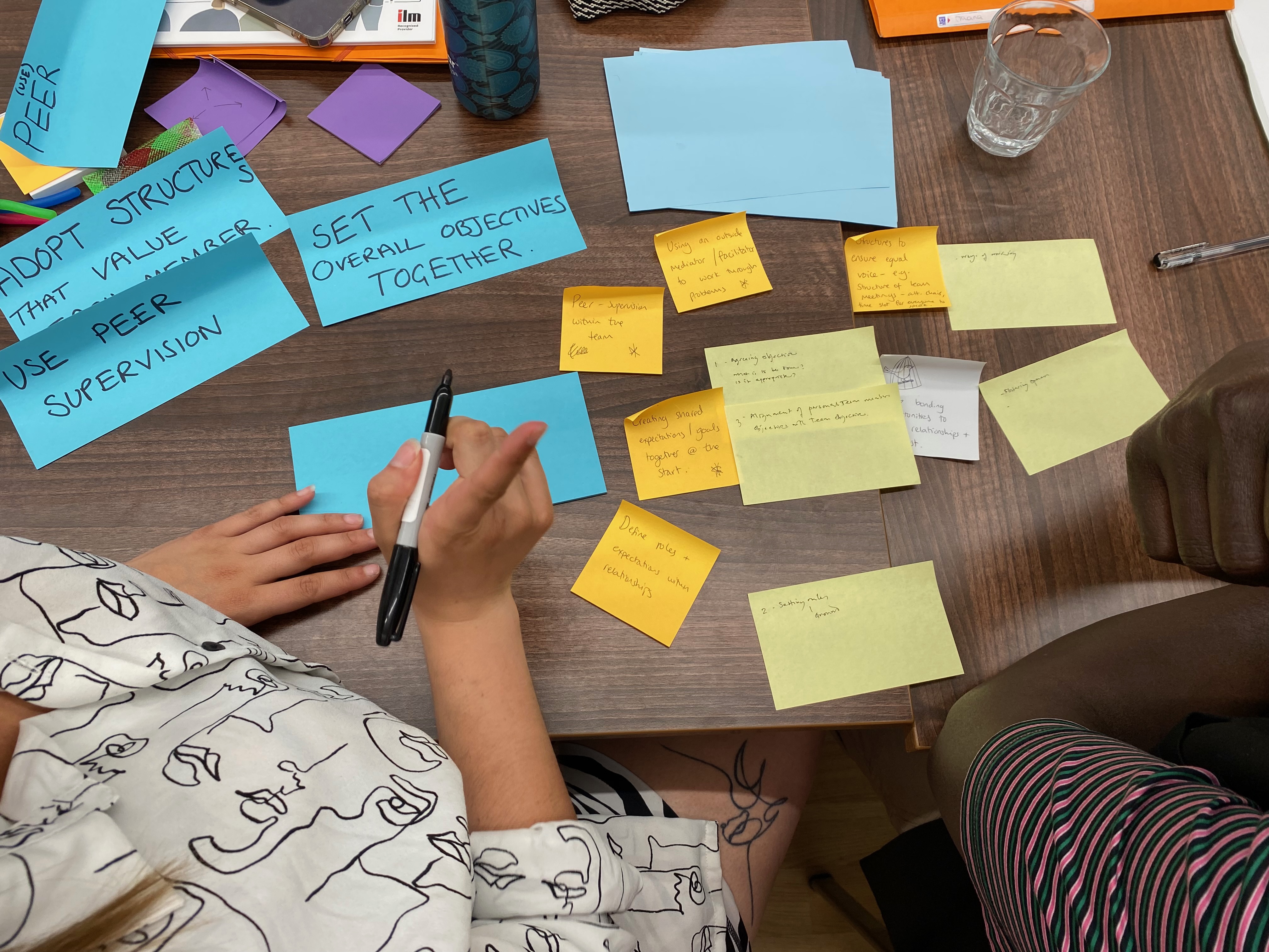 Photograph of people working together on a variety of post-it notes in different colours and sizes, on a table.