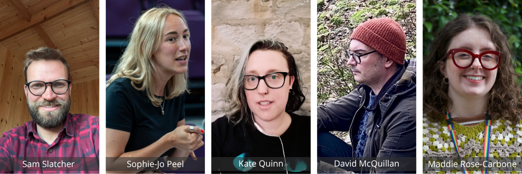 a collage of five people