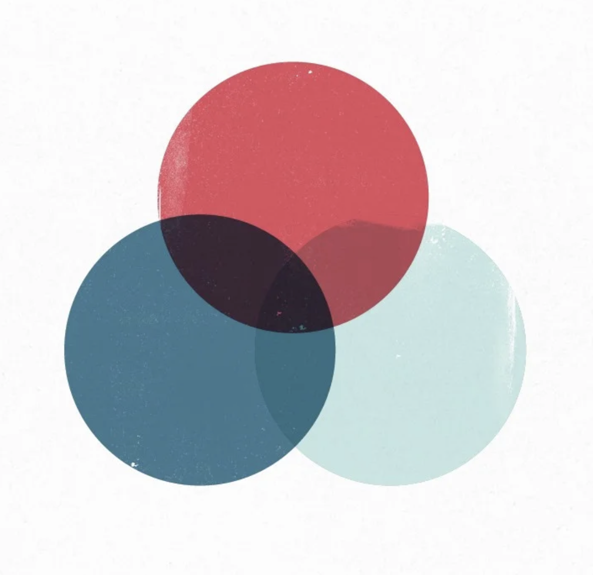 A red, dark blue and light blue circle arranged in Venn diagram format