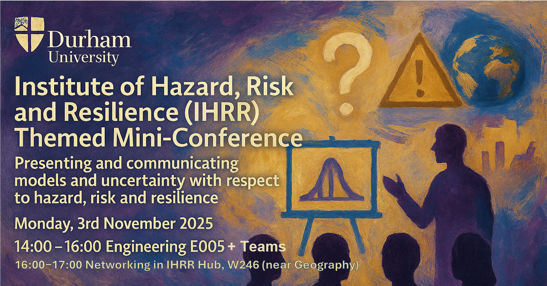 Text to left describing conference title, timings, and then people and representations of models, data