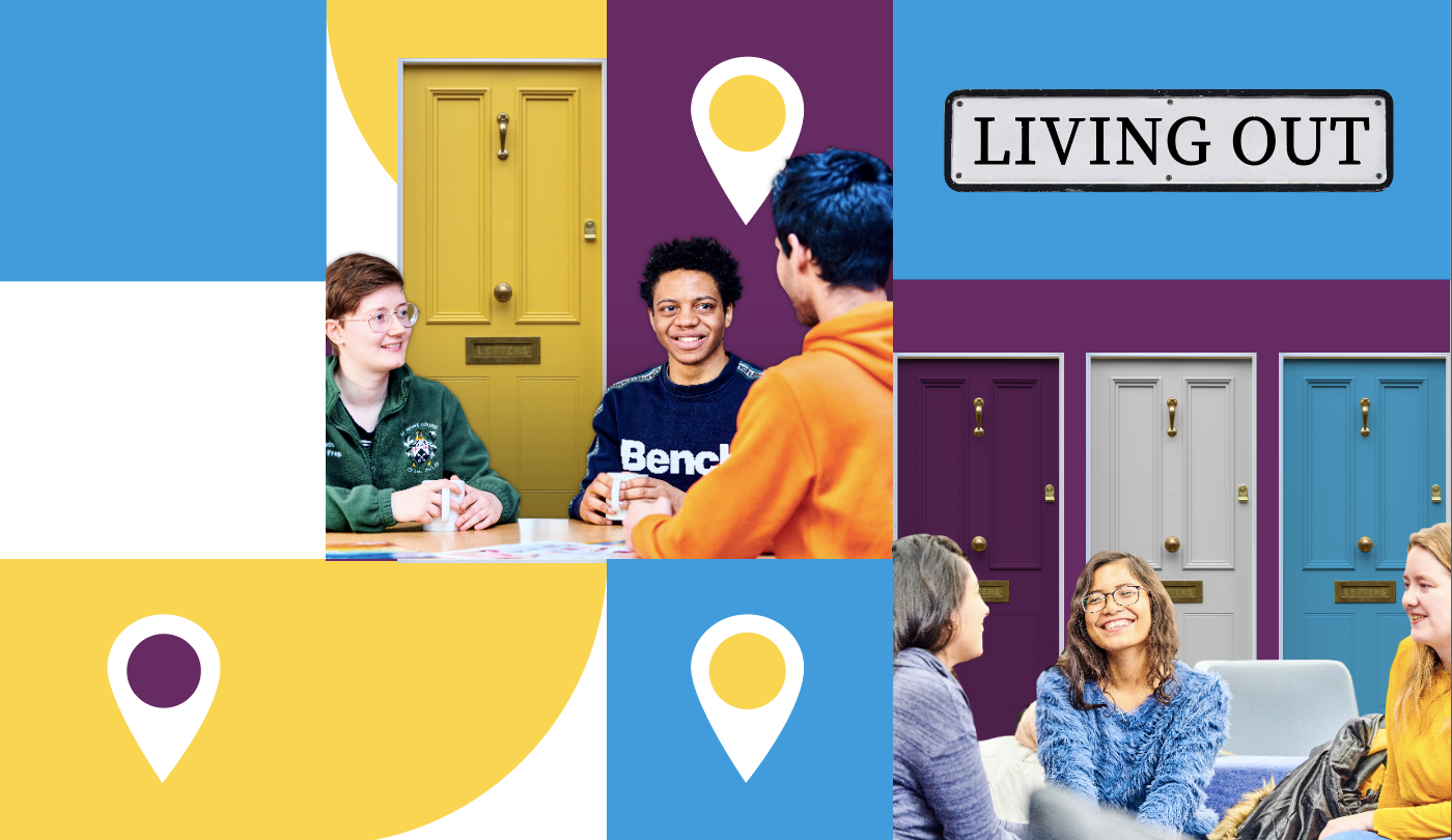 Collage featuring images of students chatting, front doors and 