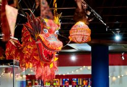 Traditional Chinese red Dragon puppet hanging from the ceiling in the Oriental Museum