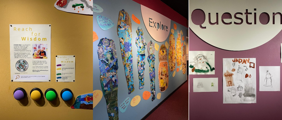 Three photos show images from weaving stories exhibition. Including community artwork and interactive buttons.