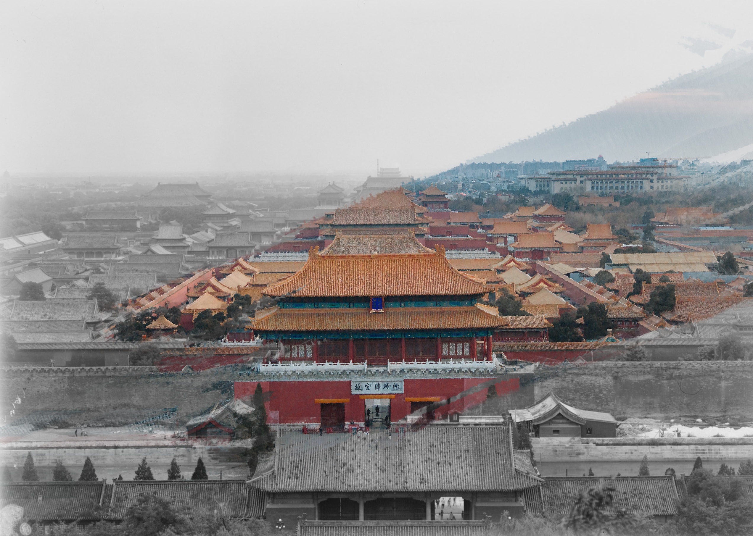 a black and white photograph if historic Chinese buildings with a colour section overlaid from the right corner to the centre